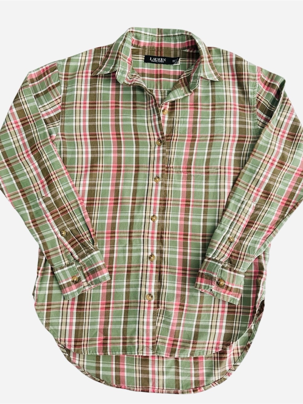 Lauren Ralph Lauren Black Label Green & Pink Plaid Button-Up Shirt Size xxs